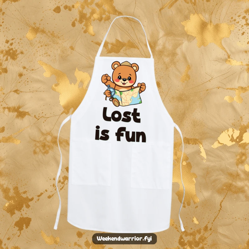 Funny, cheerful bear with map and compass on an apron, ready for kitchen adventures.