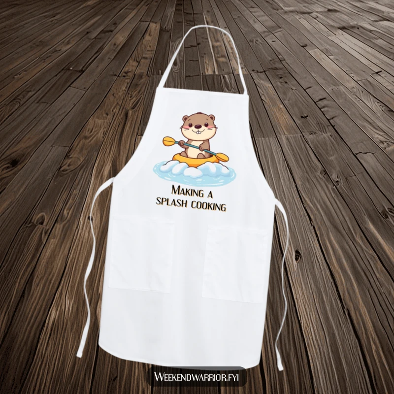 Funny Kawaii Otter Apron showing a smiling character kayaking rapids, perfect for kitchen fun with aquatic humor. Great funny gift.