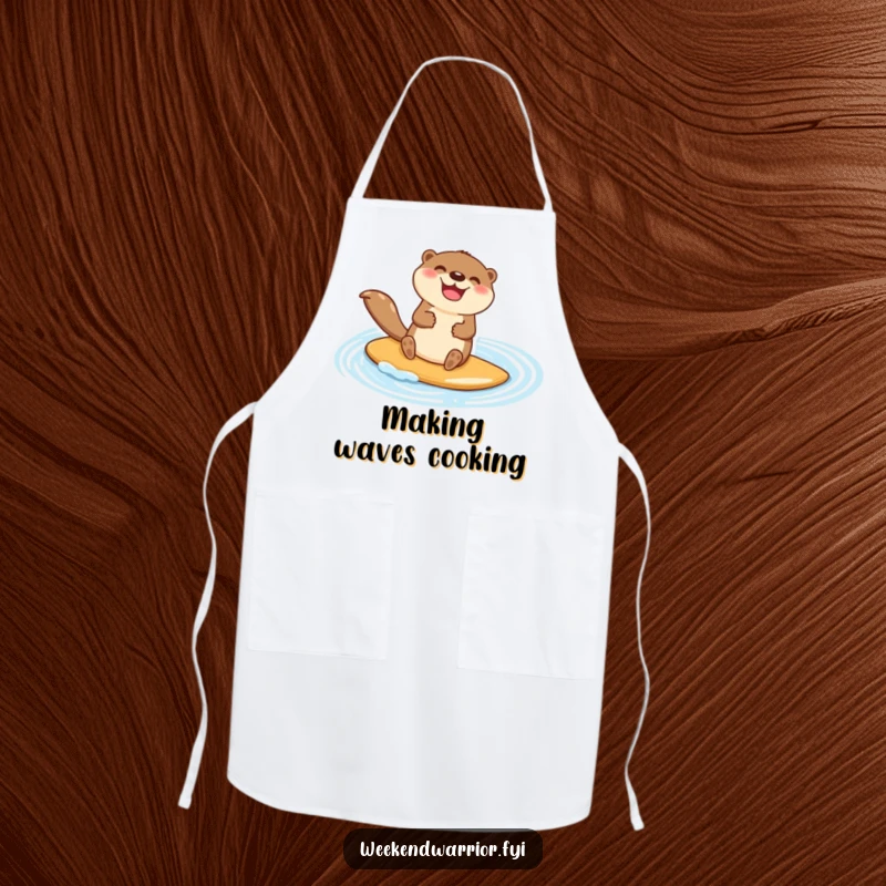 Funny apron featuring a happy otter character jubilantly paddleboarding across a shimmering blue pond, ideal for kitchen protection.