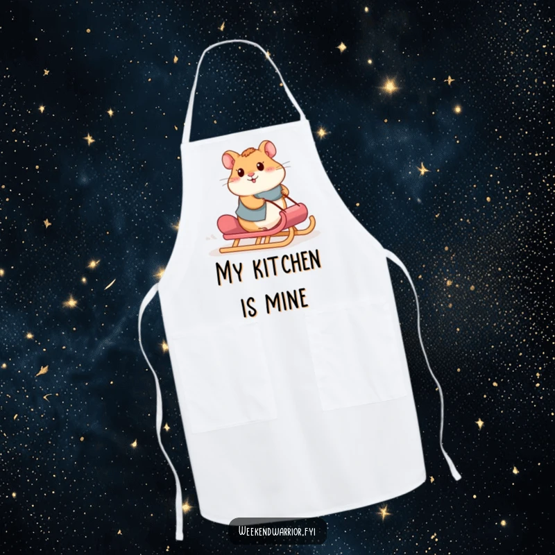 Funny hamster apron depicting a proud hamster pushing a sled uphill, representing effort in the kitchen.
