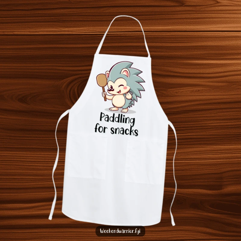 Funny hedgehog apron showing a happy hedgehog with a small paddle, ideal for cooking and baking with a smile.