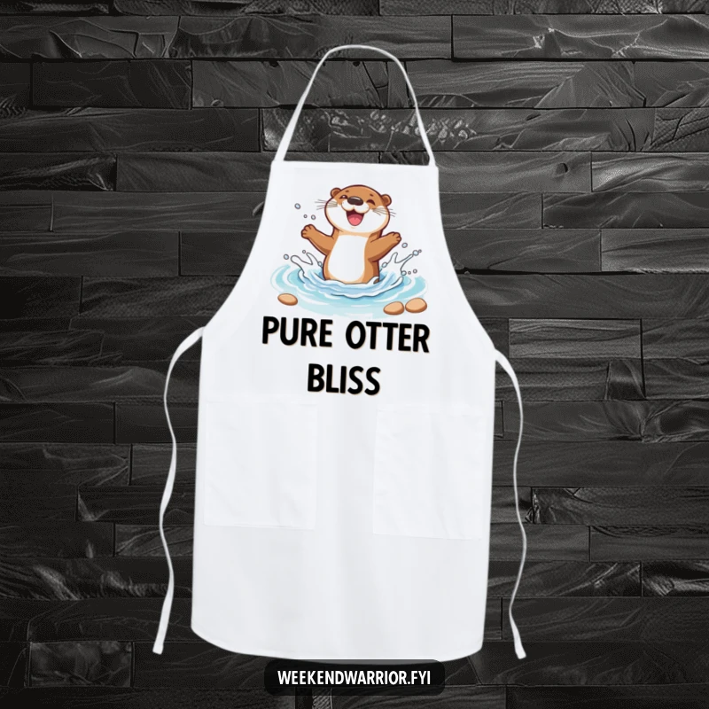 Funny apron showcasing a joyful cartoon otter splashing happily in a stream, perfect for kitchen fun and flair.