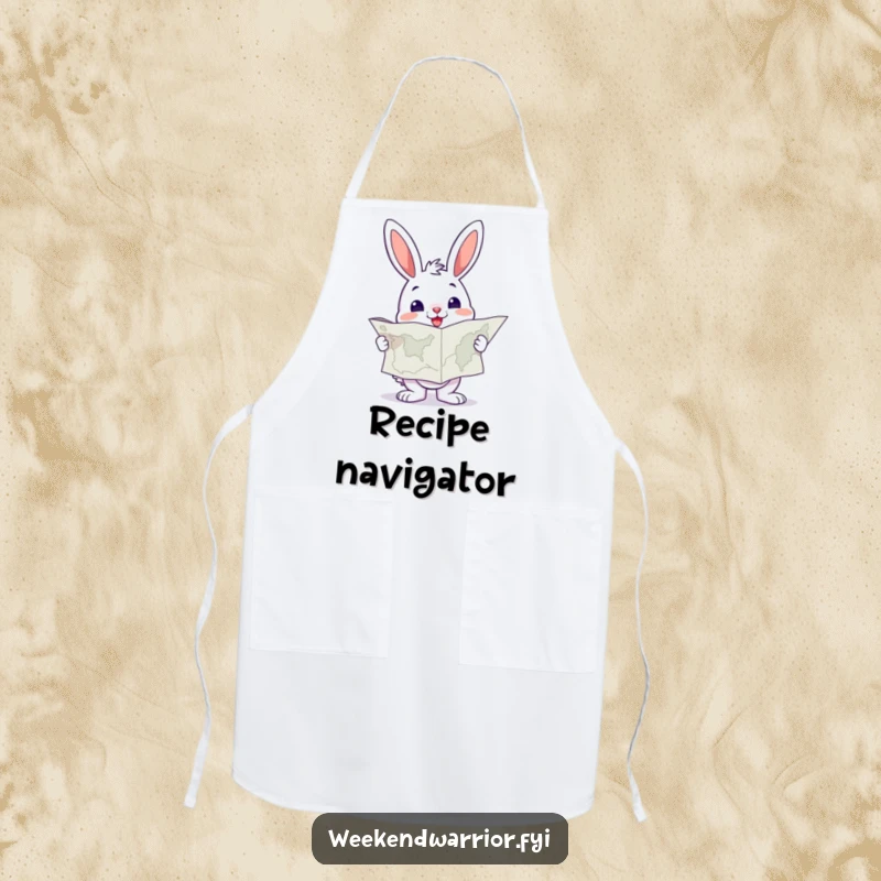 Funny Bunny Apron holding a large map, looking resolute, ideal for kitchen adventures.