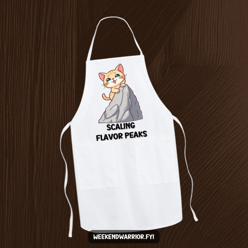 Funny apron illustration of a brave cat scaling a small artificial mountain face, ready for kitchen challenges.