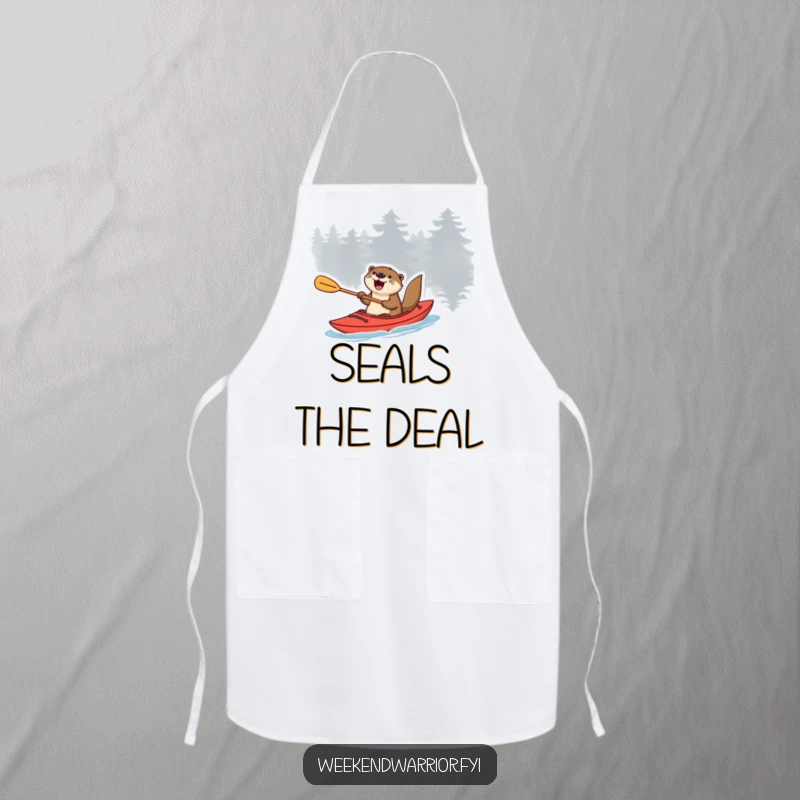 Funny otter in a kayak with a paddle, expressing excitement, a humorous apron for cooking.