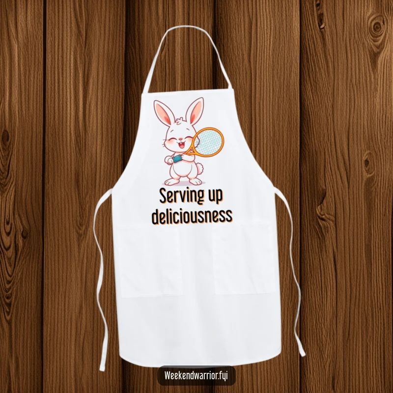 Funny apron featuring a bunny holding a tennis racket, ready for action, perfect for adding sporty humor to cooking.