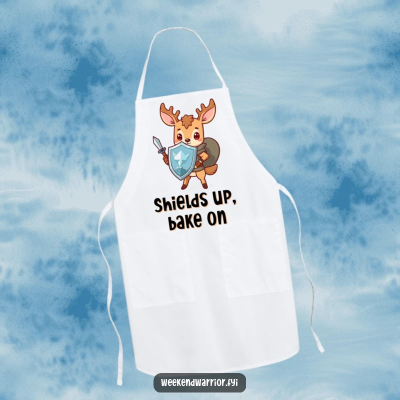 Funny Kawaii deer apron, showing a brave warrior chef with sword and shield, ready for kitchen battles.