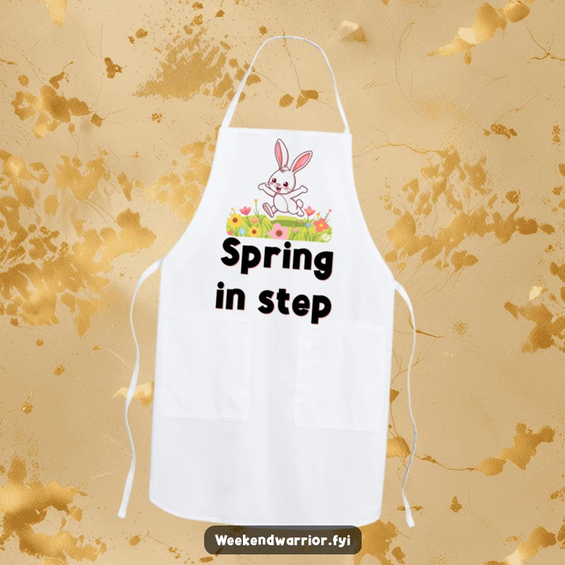 Funny apron showcasing a fun cartoon bunny hopping over a colorful meadow, perfect for kitchen creativity and charm.