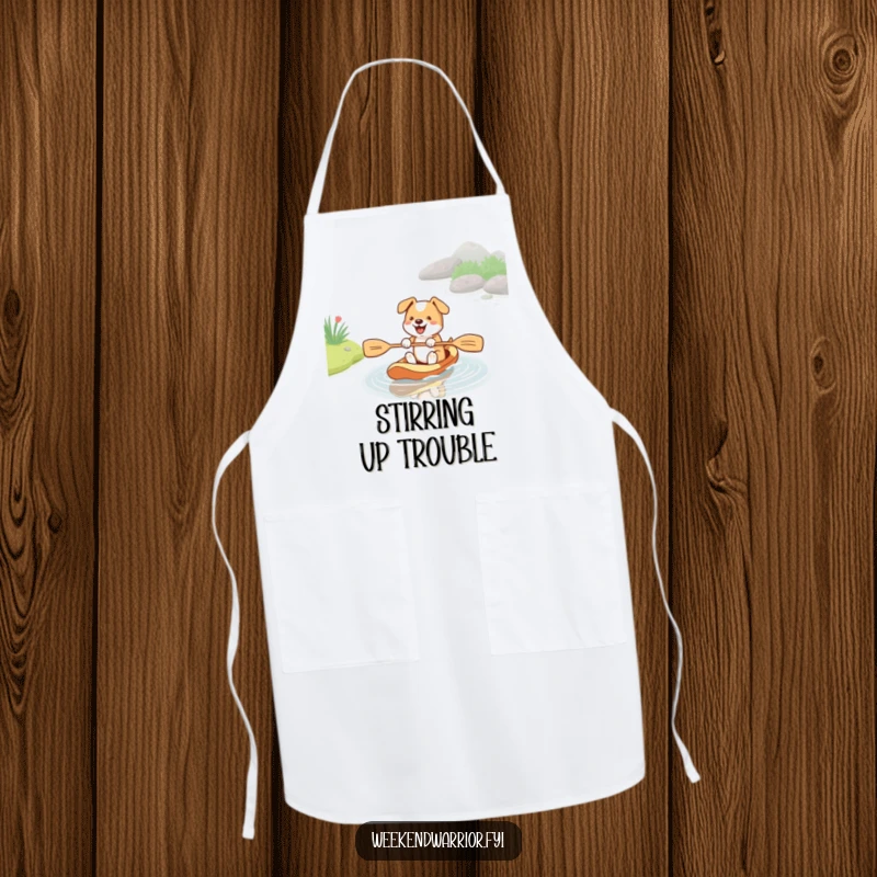 Funny apron depicting an energetic dog paddling in a stream with a paddle, ideal for kitchen protection with a humorous and water-loving theme.