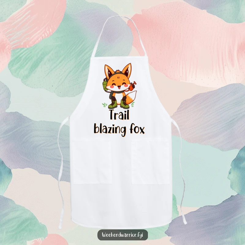 Funny fox with hiking boots and a canteen, cheering, a humorous apron for cooking.