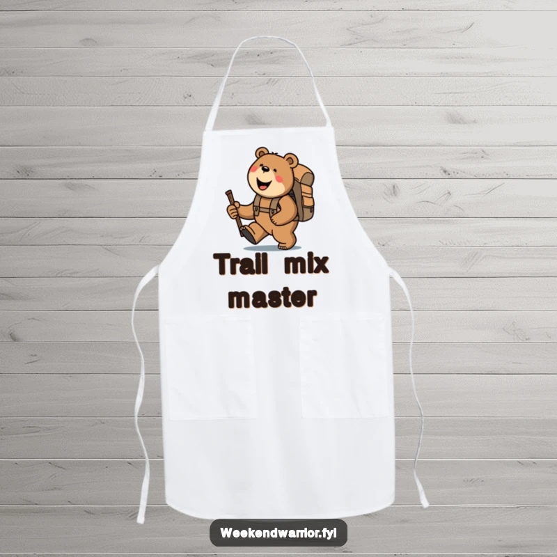 Funny bear with backpack and stick, happily trekking uphill, a humorous apron for cooking and grilling.