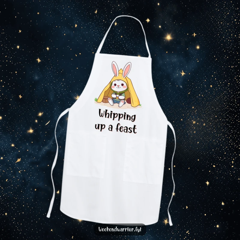 Funny apron depicting a cheerful rabbit in camping gear setting up a tent, ideal for campsite cooking.