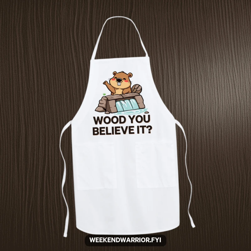 Funny apron showcasing a silly cartoon beaver building a dam with enthusiasm, perfect for kitchen creativity and flair.