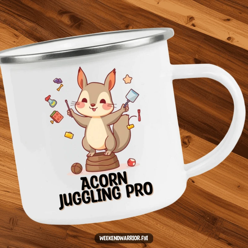 Funny enamel camping mug featuring a squirrel precariously juggling items, adding a touch of humorous wilderness to your drink.