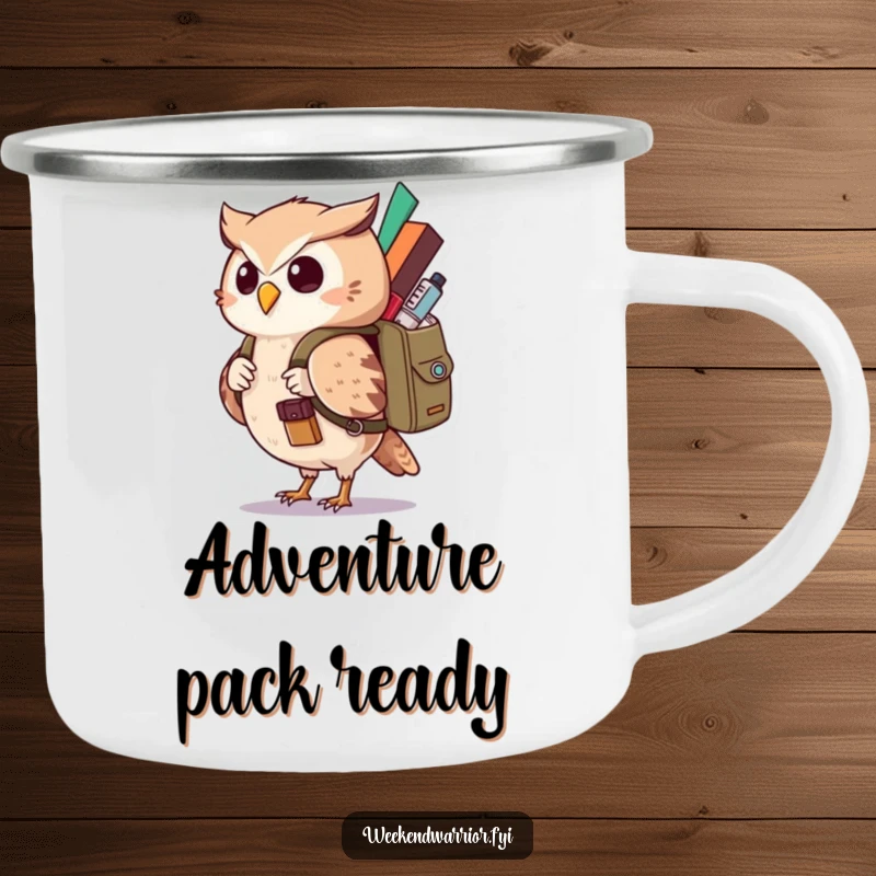 Funny Kawaii Owl Camping Mug with a curious character carrying a backpack, perfect for humorous outdoor adventures. Great funny gift.