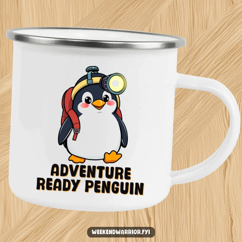Funny camping mug with a goofy penguin wearing a backpack and headlamp, embodying the spirit of adventure and exploration.