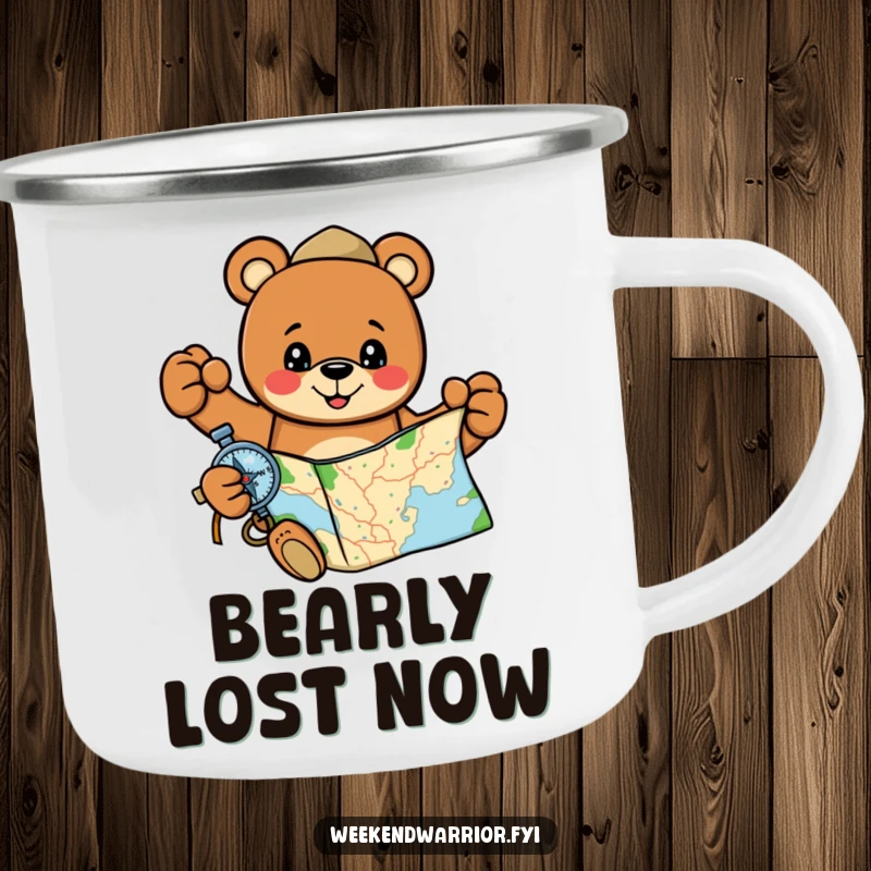 Funny, cheerful bear with map and compass featured on a durable camping mug.