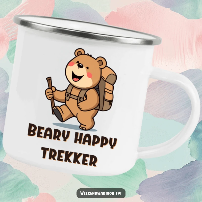 Funny bear with backpack and stick, trekking uphill, a humorous and durable camping mug.