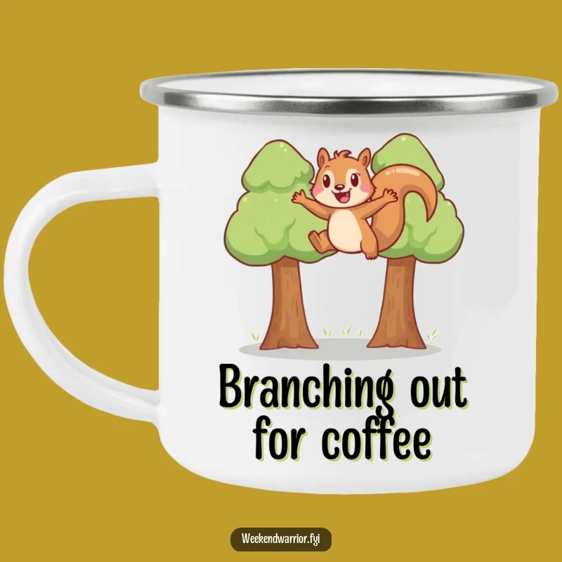Funny Squirrel Camping Mug: Joyful jumper, funny outdoor fun gift.