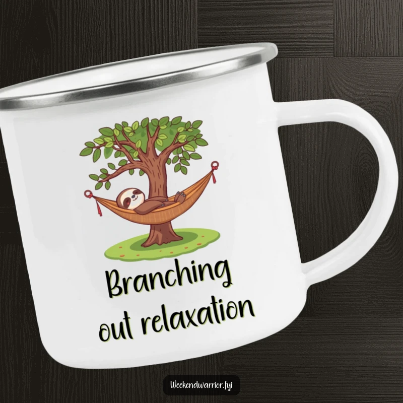 Funny camping mug with a content sloth relaxing in a hammock under a tree, embodying relaxation and humorous downtime.