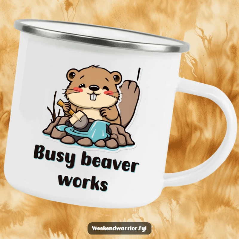 Funny camping mug with an amused beaver building a dam with a tiny shovel, embodying industriousness and humorous construction.