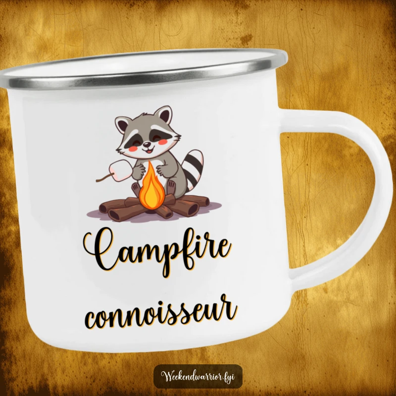Funny raccoon roasting a marshmallow over a campfire, a humorous camping mug.