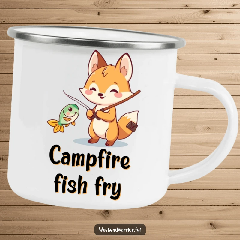 Funny Kawaii fox camping mug featuring a cheerful fishing character reeling in a fish, ready for outdoor fun and warm drinks.