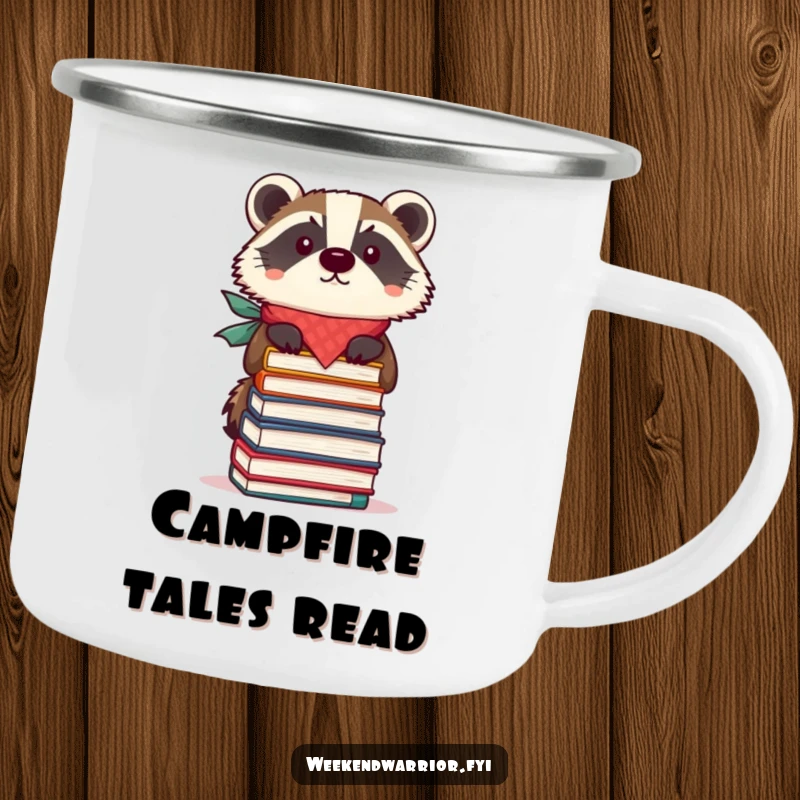 Funny camping mug with a focused badger in a bandana balancing a stack of books, perfect for outdoor study.