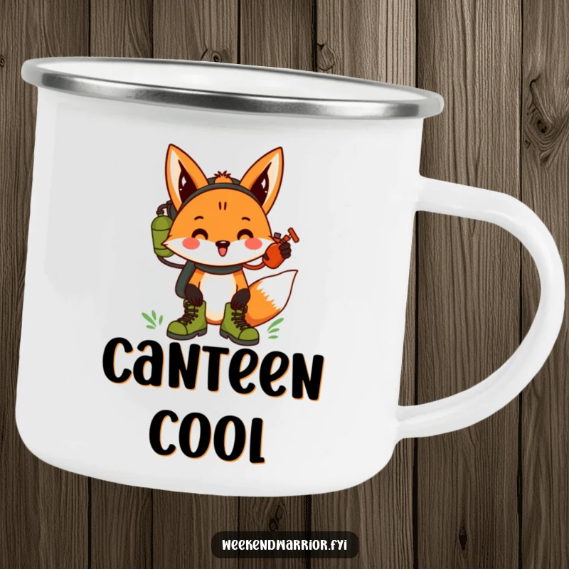 Funny fox wearing hiking boots and carrying a canteen, cheering, a humorous camping mug.