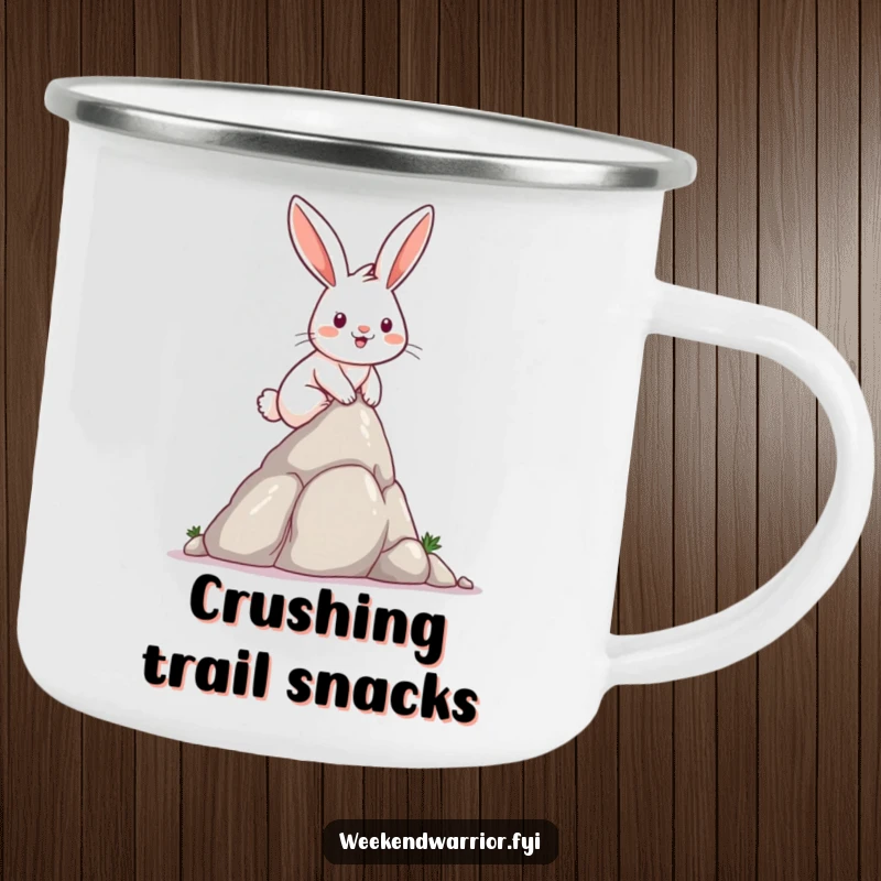 Funny determined rabbit smiling while climbing a small rock formation on a durable camping mug.