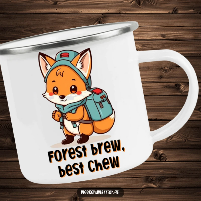 Funny fox carrying a camping backpack, smiling, ready for the outdoors on a durable camping mug.