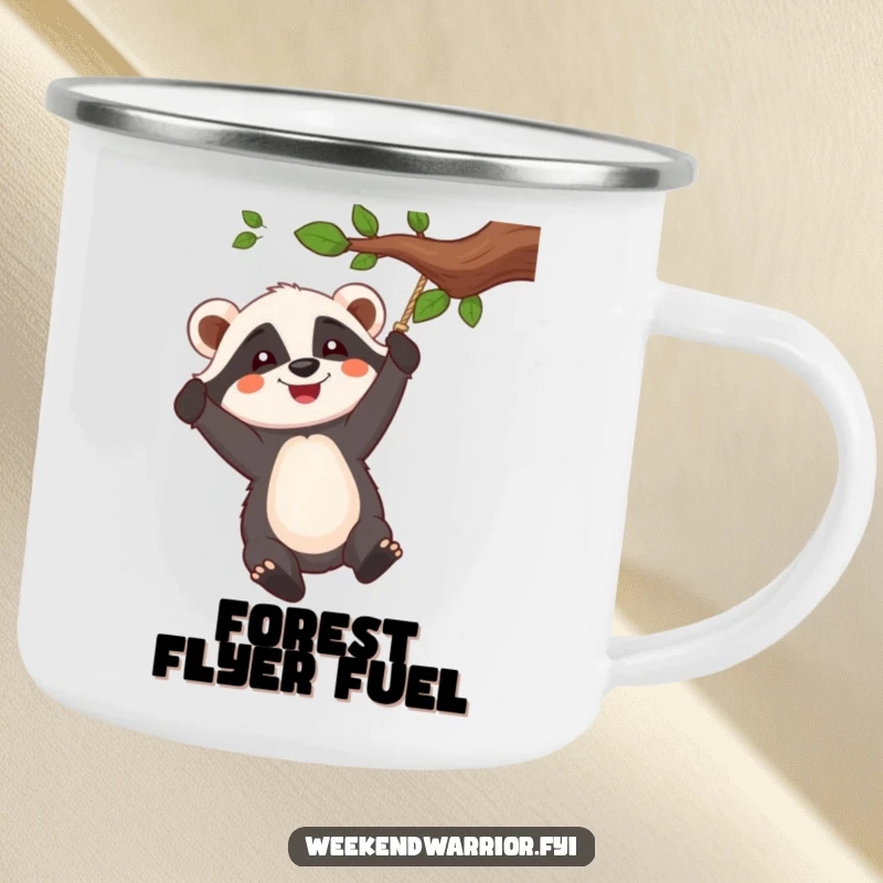 Funny camping mug with a cheerful badger character enthusiastically swinging from a rope tied to a tree branch.