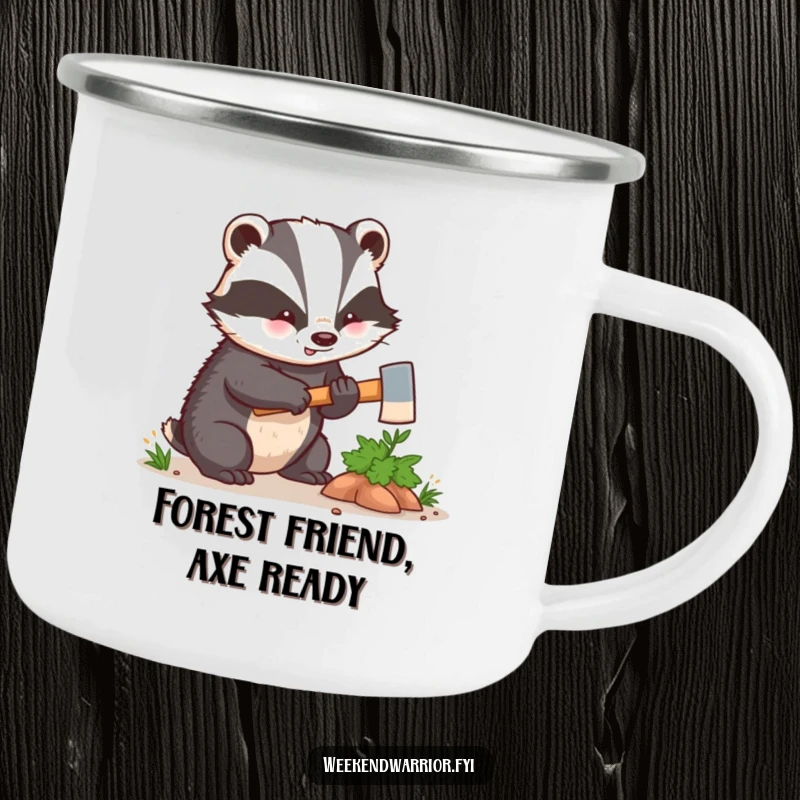 Funny kawaii badger enthusiastically hacking a small bush with a tiny axe, on a durable camping mug. Great for outdoor enthusiasts.