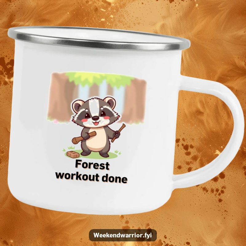 Funny camping mug with a happy badger wielding a small axe, chopping a twig, built for the outdoors.