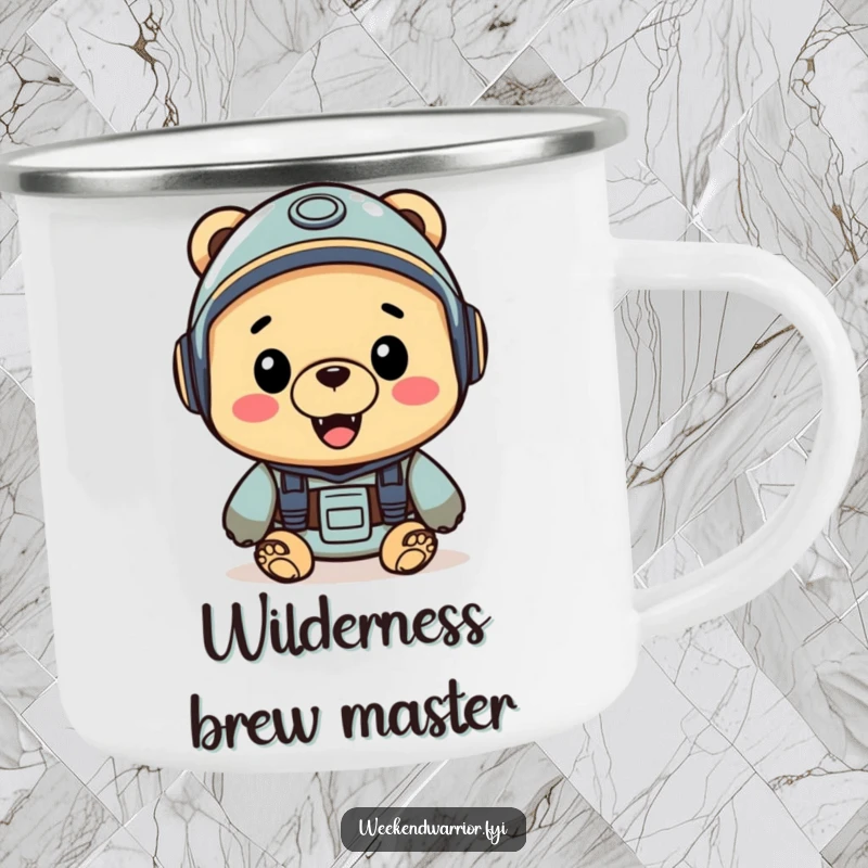 Funny camping mug with a cheerful bear wearing a helmet, looking ready for exciting outdoor adventures.