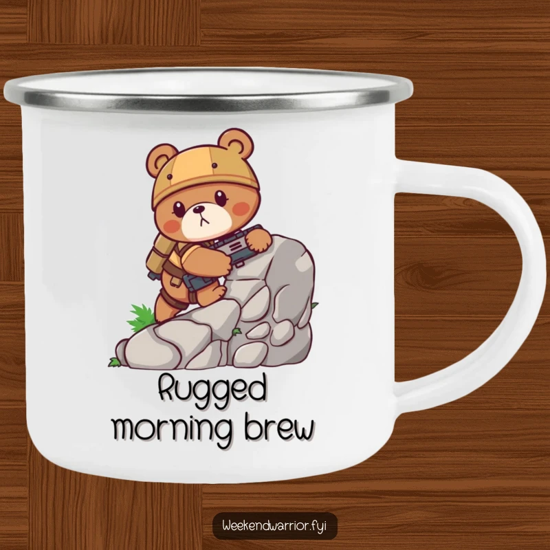 Funny bear camping mug showing a determined bear in combat gear climbing a rock face, perfect for enjoying drinks in the wilderness.