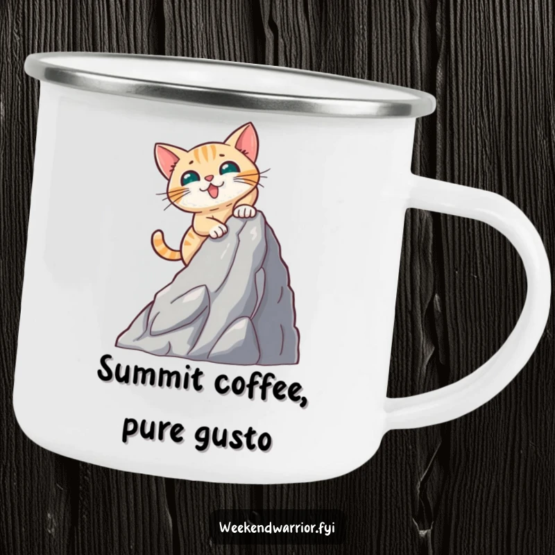 Funny camping mug featuring a brave cat energetically climbing a small artificial mountain, ideal for outdoor adventurers.
