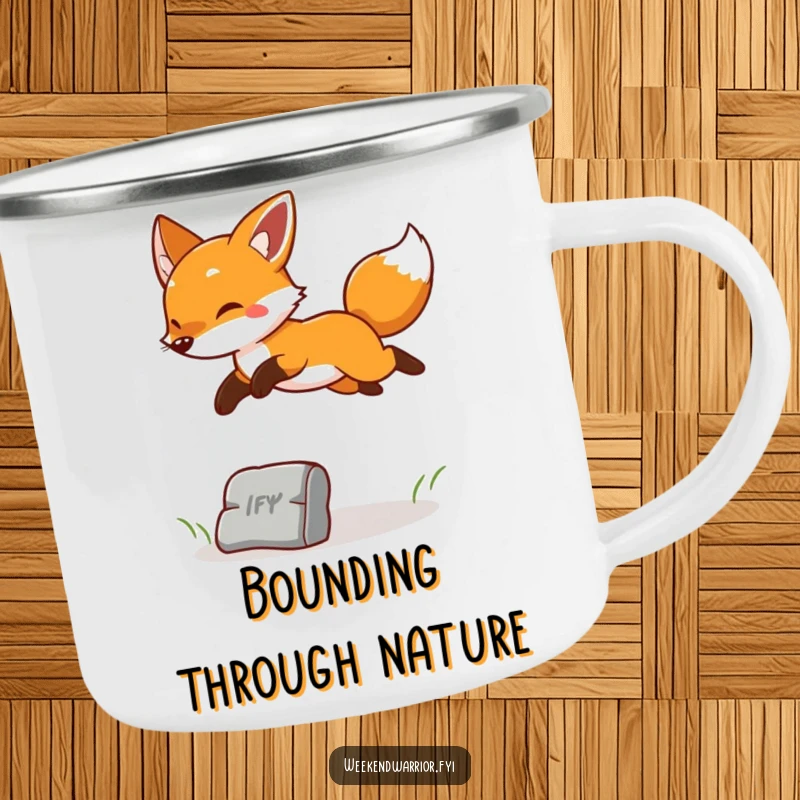 Funny camping mug with a cheerful fox leaping playfully over an obstacle, embodying outdoor fun and energy.