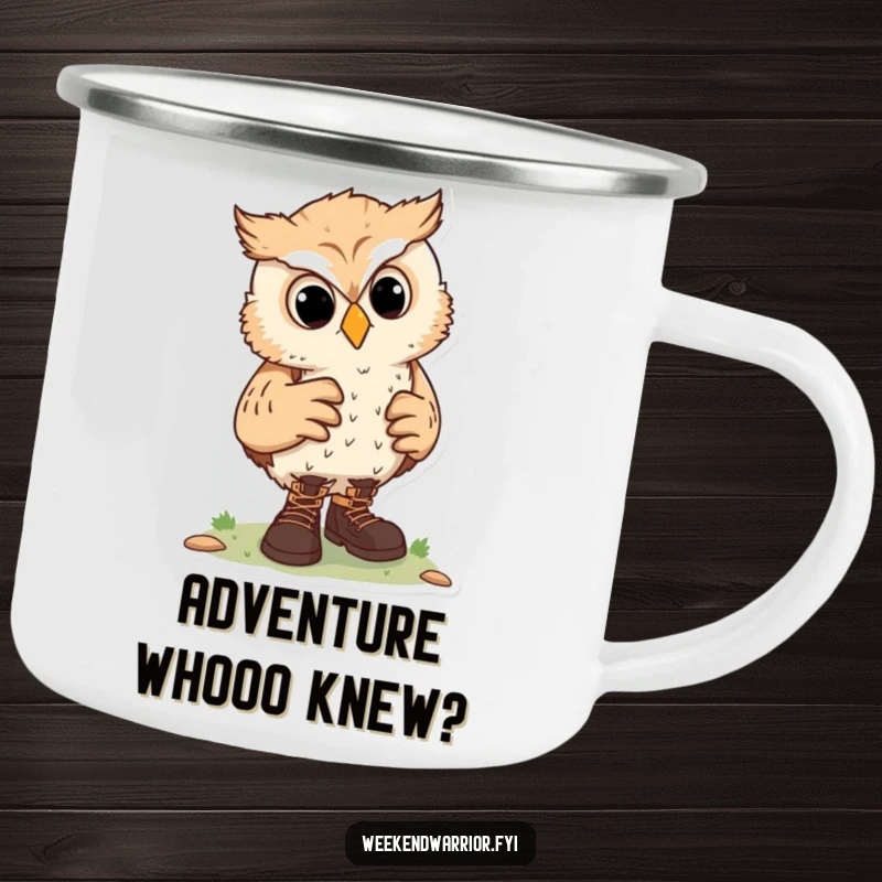 Funny camping mug featuring a curious owl character adjusting hiking boots, ideal for outdoor enthusiasts and planning adventures.