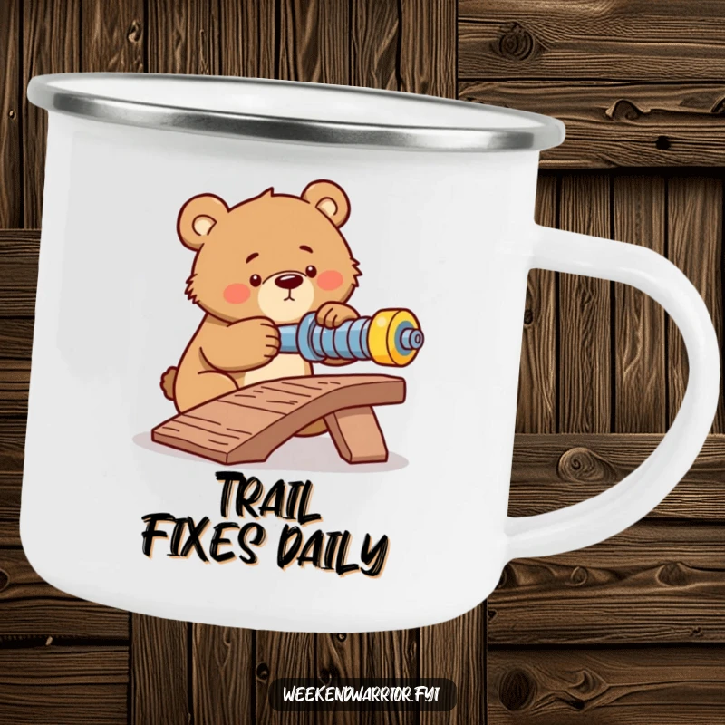 Funny camping mug with a determined bear intently tightening a bolt on a makeshift ramp, exemplifying focus.