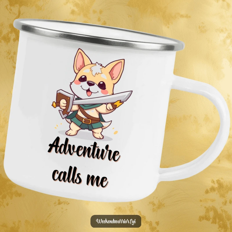 Funny camping mug featuring a playful dog character with a sword and shield, built for adventurous journeys.