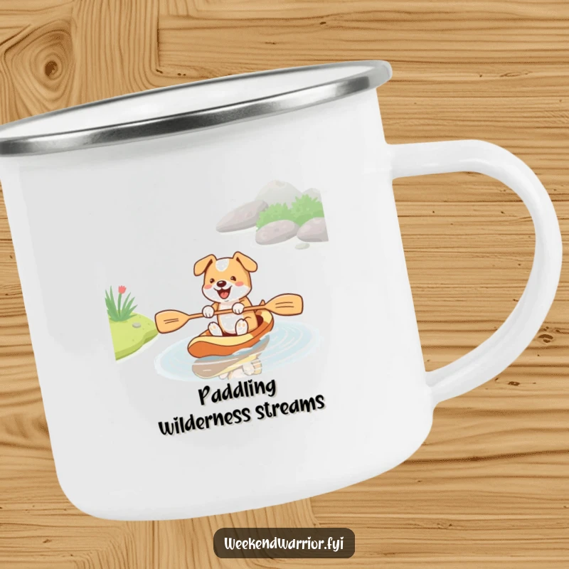 Funny camping mug with an energetic dog paddling in a stream with a paddle, built for outdoor use and designed to bring laughter.