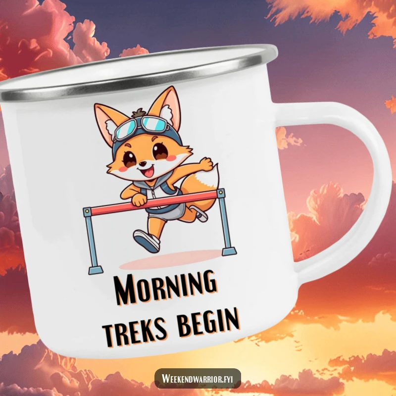 Funny camping mug featuring a smiling fox in athletic gear leaping over a hurdle, built for outdoor activities.