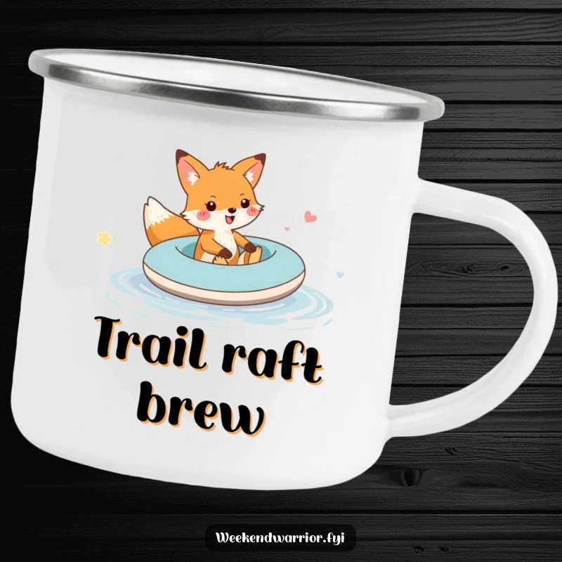 Funny fox raft puddle camping mug showing a cheerful fox riding an inflatable raft, ideal for outdoor adventures and fun.