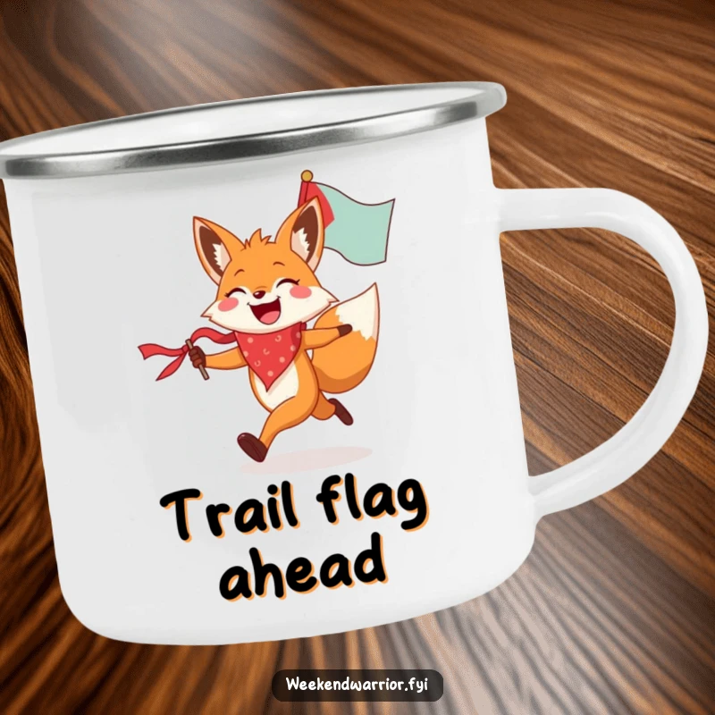 Funny fox camping mug showing a joyful fox in a bandana running with a flag, perfect for enjoying drinks in nature.