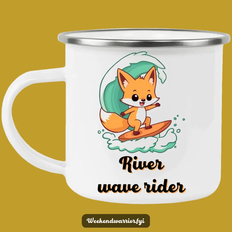 Funny Fox Surfer Camping Mug: Adventure Ready, Cool Wave Design, Humorous Gift