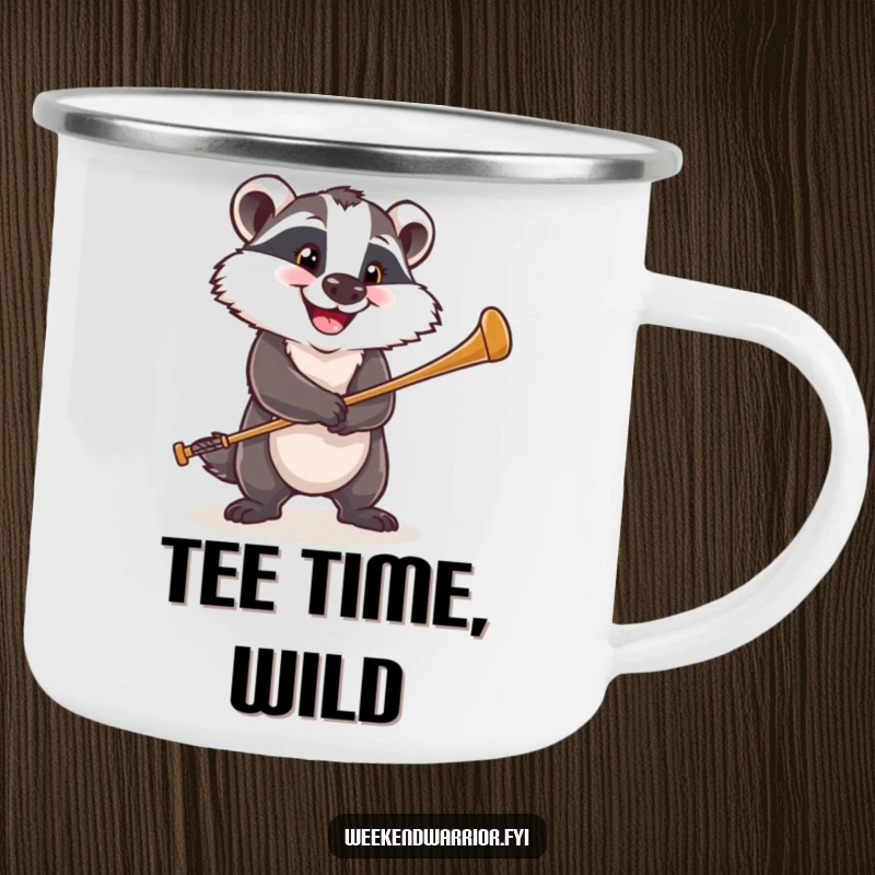 Funny camping mug with a happy badger with a determined grin, swinging a golf club, ready for outdoor play.