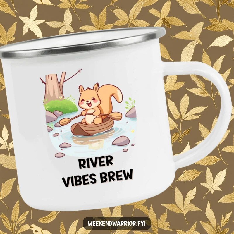 Funny kawaii squirrel joyfully paddling a small raft down a stream, on a durable camping mug. Great for outdoor enthusiasts.