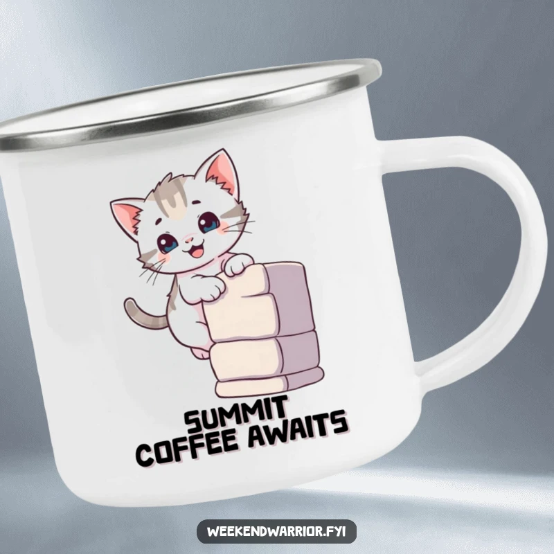 Funny camping mug showing a curious kitten smiling while climbing a small wall, perfect for outdoor enjoyment.
