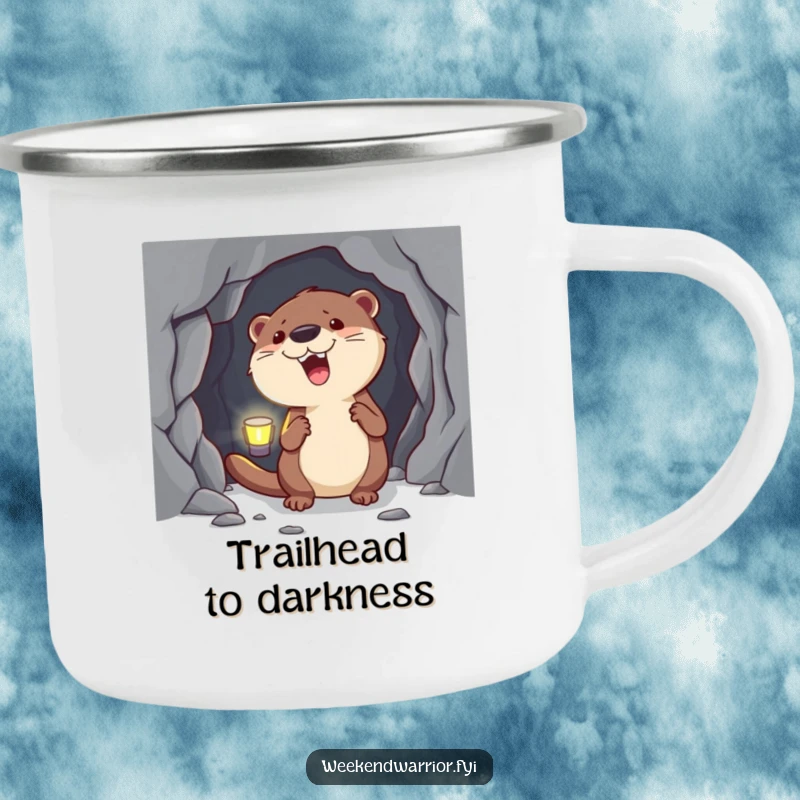 Funny Otter Camping Mug with a headlamp, navigating a cave, ready for hot beverages and outdoor fun.